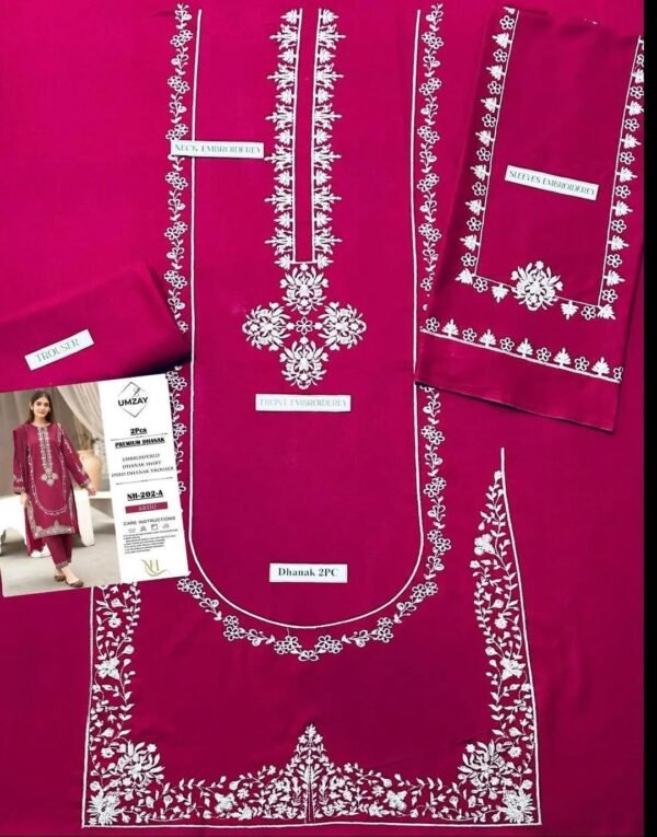 5 2-piece embroidered Dhanak suit pink for weddings parties
