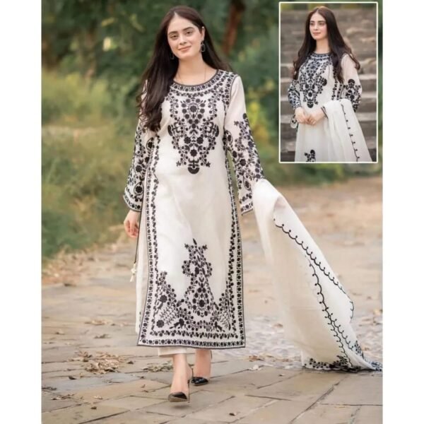 dgh Black Embroidered Organza 3Pcs Women Suit
